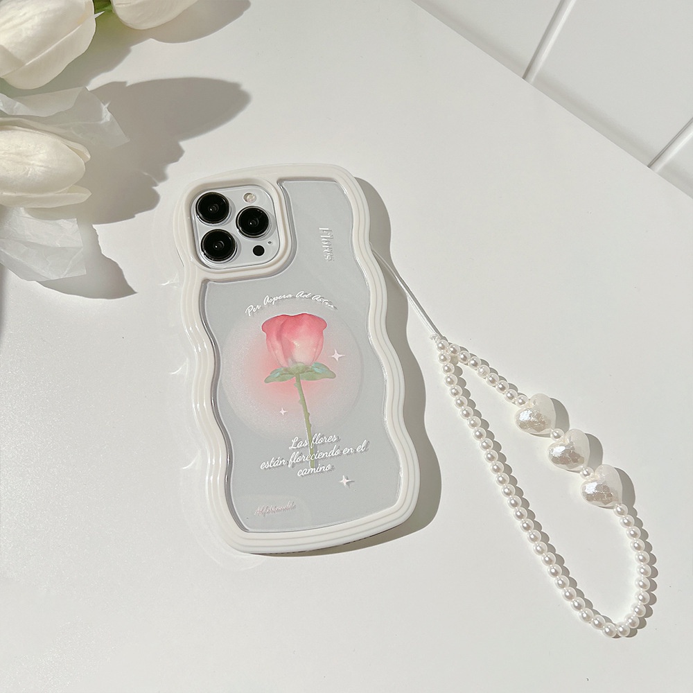 Musim Panas Halo Dyeing Rose Twist Edge White Phone Case Dengan Rantai Manik-Manik Mutiara Untuk X XR XS 11 12 13 14 PLUS Mini PRO MAX Soft Cover