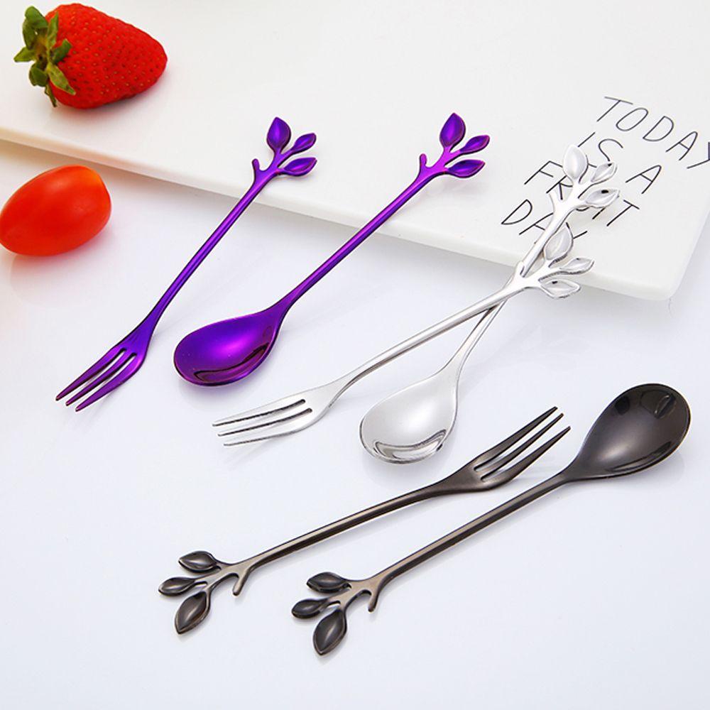 SOLIGHTER Coffee Spoon Stir Small Branches Leaf Stainless Steel Fruit Fork