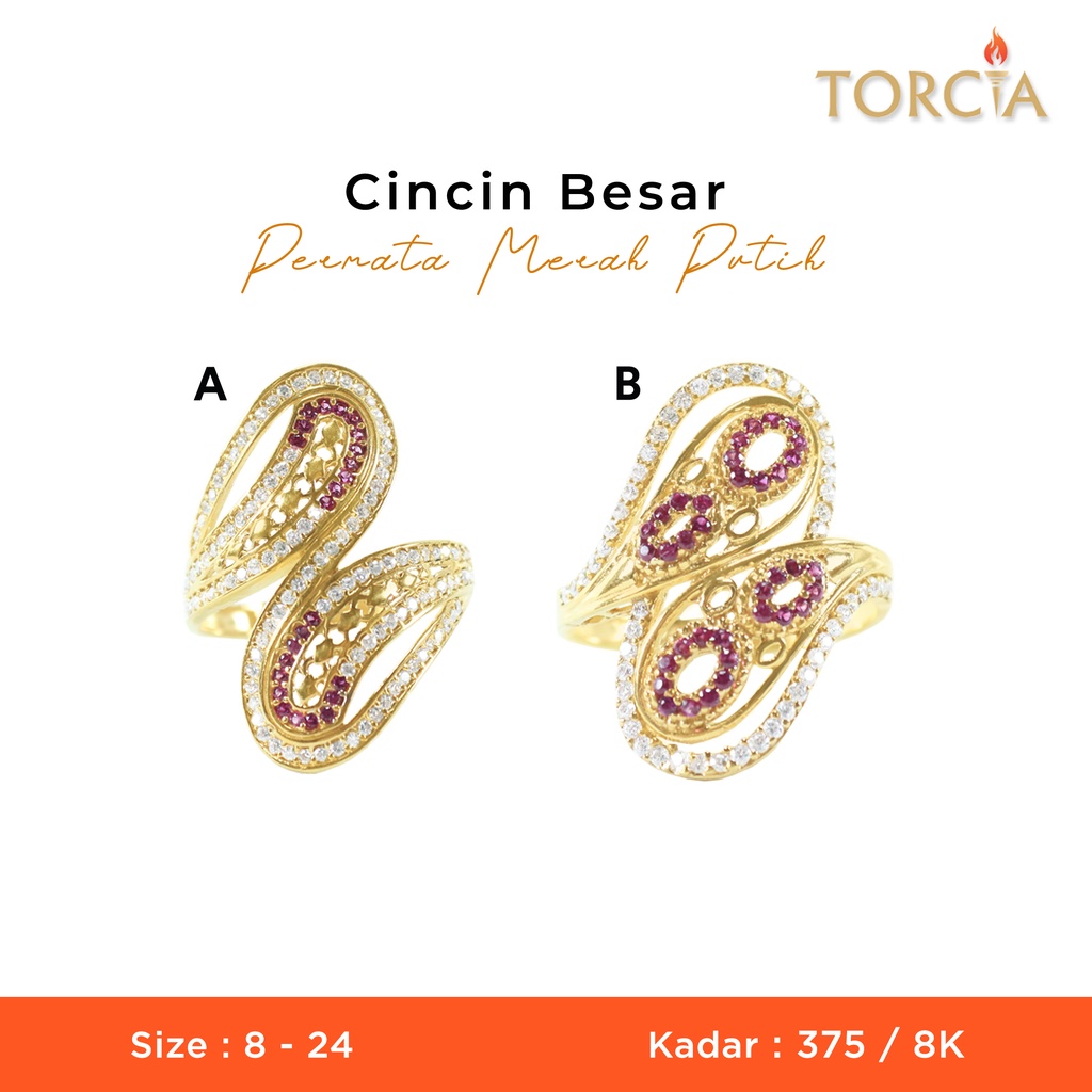 Cincin Emas Asli Besar Permata Merah Putih Kadar 375 Torcia