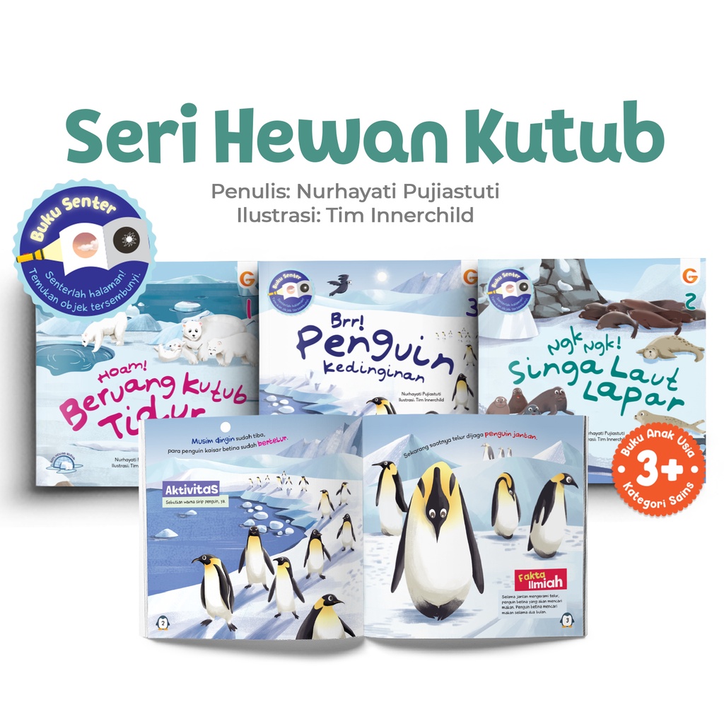 Buku Anak 1 Set / 1 Paket Seri Hewan Kutub: Penguin, Beruang Kutub, Singa Laut (Isi 3 Buku) Buku Senter Gema Insani