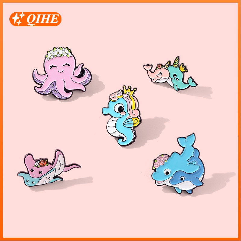 Cute Marine Life Brooch Dolphin Pin Hippcampus Pin Octopus Pin Mobula Pin Cartoon Badge Jewelry Gift