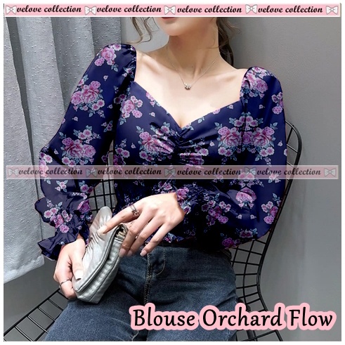 KALANTHA FASHION Chic Chiffon Top Vintage Blouse Wanita Motif Bunga Korean Style-6503 Navy