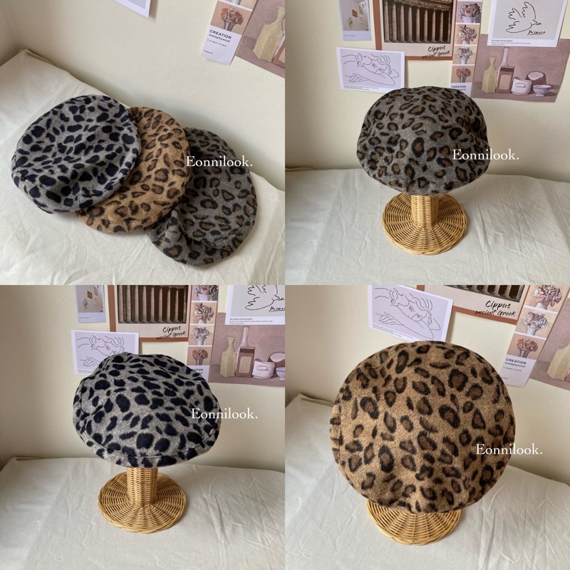 baret pelukis korea beret hat wol motif leopard
