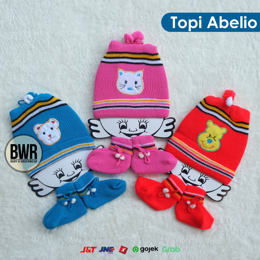 Topi Rajut Bayi ABELIO | Perlengkapan Topi Bayi + Sarung Kaki Rajut - Bwr VII