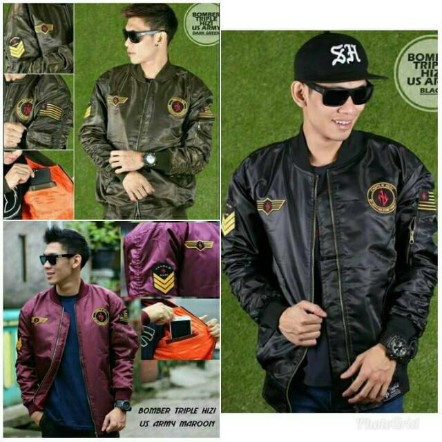 (BEST SELLER) PROMO..!! Jaket Bomber Pria US Army Triple Hizi Cowok Cewek HItam Navy Maroon Termurah