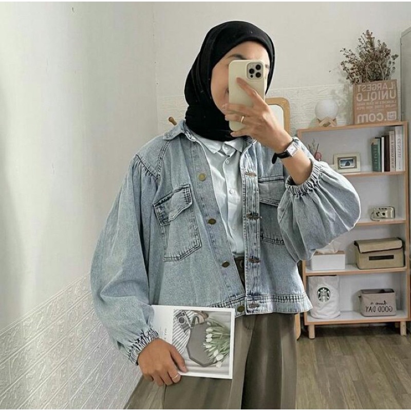 Jaket Jeans Crop Oversize Pocket Jaket Jeans Premium Wanita