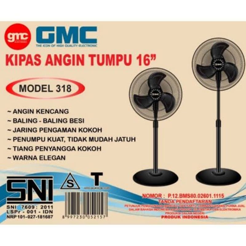 GMC Stand Fan 16 Inch BM 318 Kipas Angin Berdiri Baling baling Besi