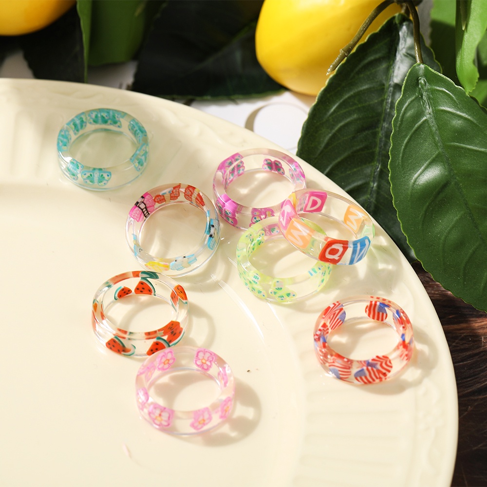 Fashion Colorful Transparent Fruits Pattern Resin Rings Female Geometric Round Lemon Strawberry Ring Jewelry Party Gifts