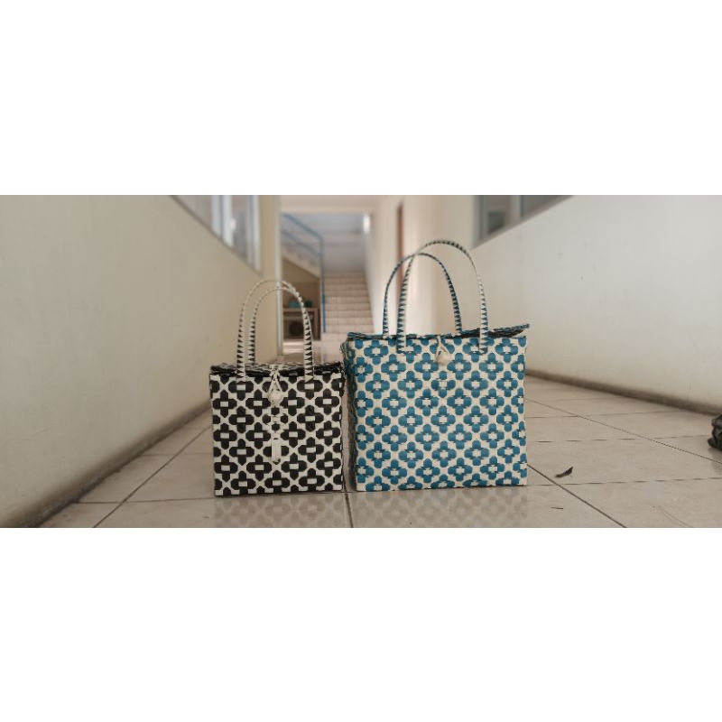 Tas anyaman platik Tutup/tas belanja/tas motif size S