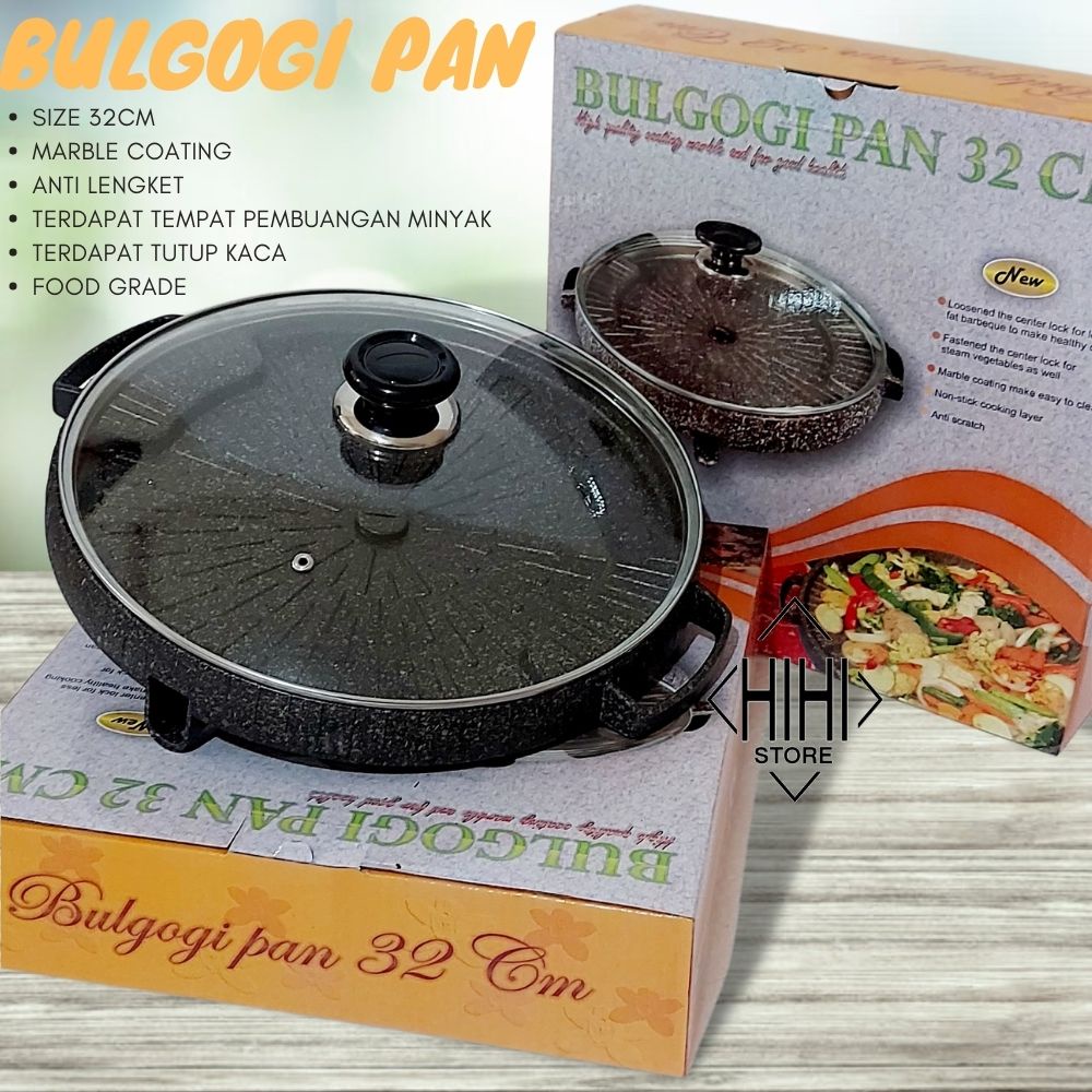 Panggangan Bulgogi 32cm Marble - Bulgogi Pan 32cm Grill Marble Panggangan BBQ + Tutup Kaca - Bulgogi Pan Anti Lengket