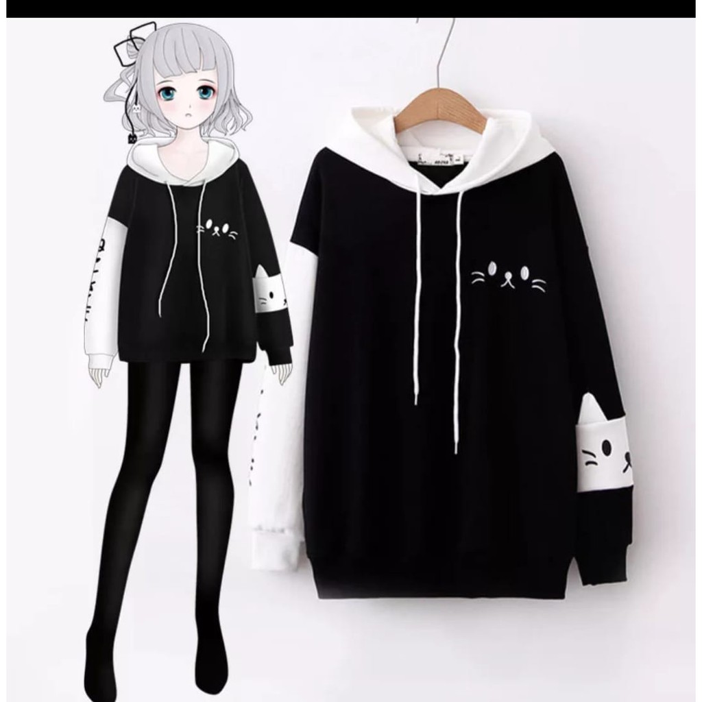 QUEEN FASHION - SWEATER HOODIE CAT / HITAM / PUTIH / FIT TO XL