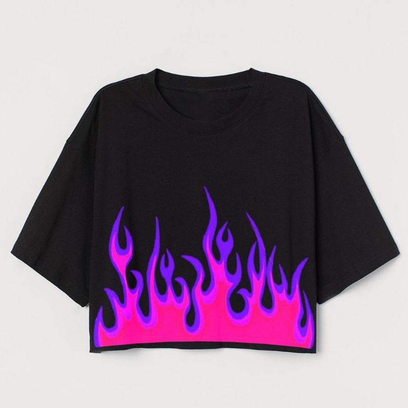 CROP TEE MOTIF API | KAOS BAJU CROP TOP FIRE KOREA STREETWEAR OVERSIZE HITAM WANITA | CROPTEE WOMAN