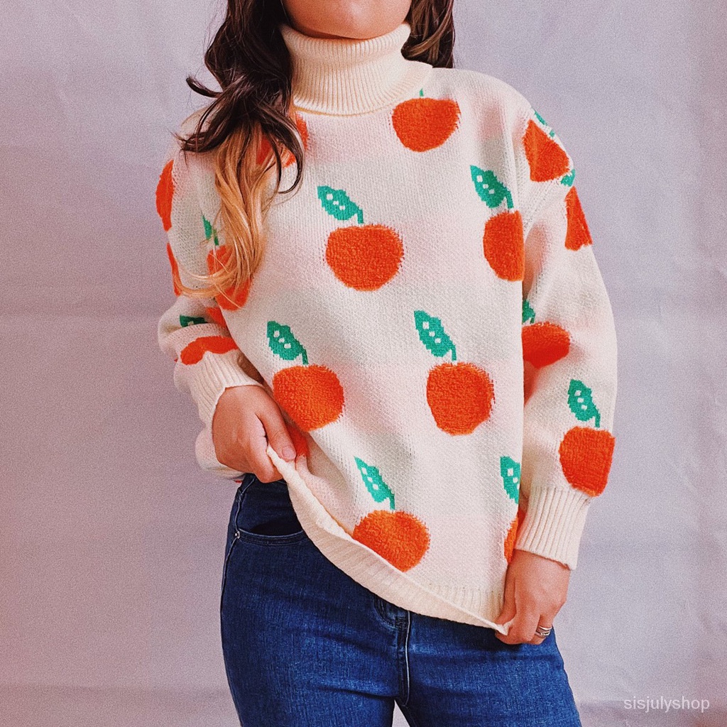 #Sisjuly# Wanita Baru Kasual Tinggi Leher Lengan Panjang Tebal Longgar Orange Berkelompok Sweater Pu