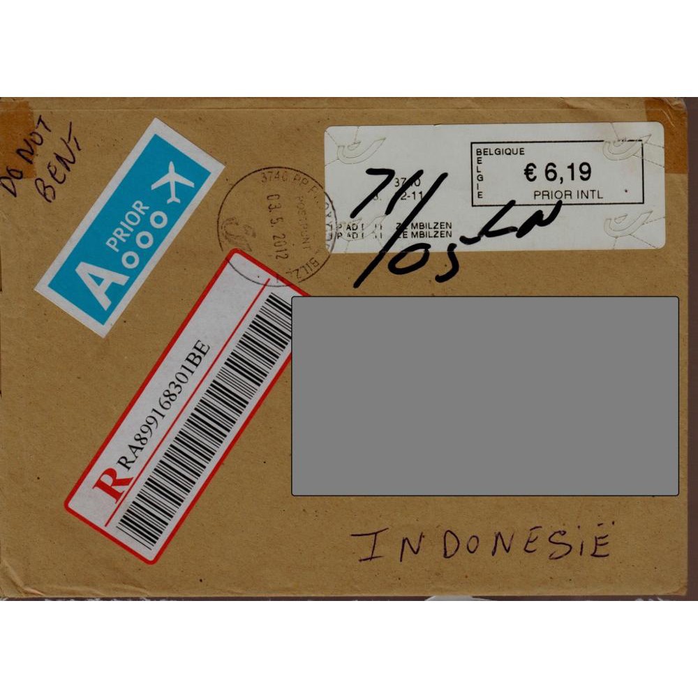 

Perangko Filateli A3-55 belgium Registered Cover 03.05.2012 to Indonesia
