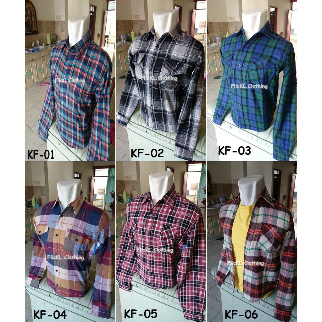 Kemeja Flanel Kotak Kotak Katun Lengan Panjang Lengan Pendek Motif Corak Garis