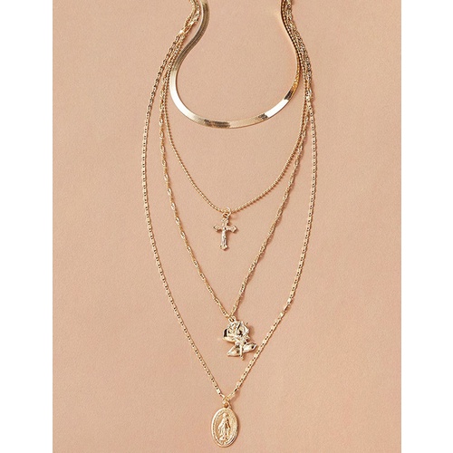 LRC Kalung Fashion Golden Rose Alloy Cross Multilayer Necklace K82329