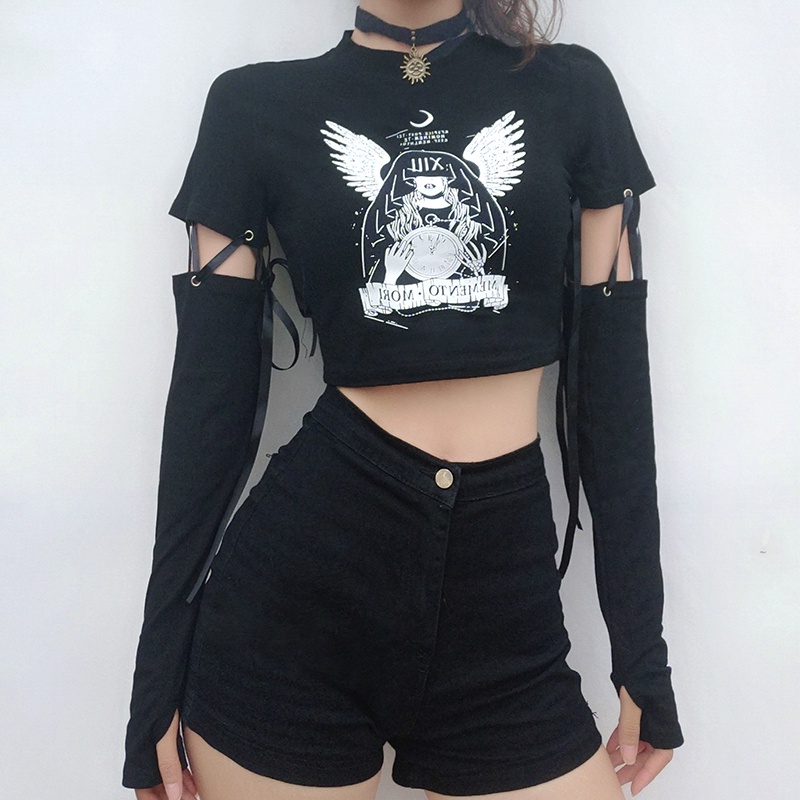 #Sisjuly# Gadis Punk Menyenangkan Dark Angel Cetak Jahitan Lengan Panjang T-shirt Wanita Pinggang Ti