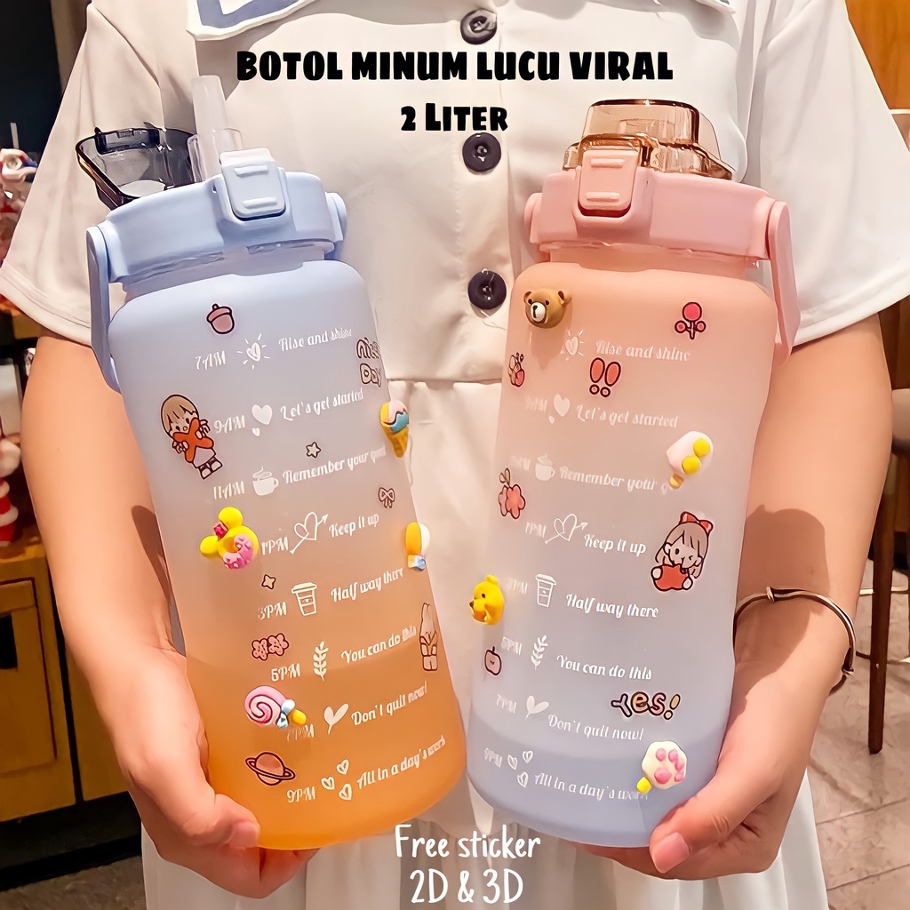 ( BISA COD ) PROMO BOTOL MINUM KOREA 2 LITER QUITFIT BOTTLE FREE 2D &amp; 3D STIKER / BOTOL MINUM MOTIVASI PENANDA WAKTU VIRAL TIKTOK / BOTOL MINUM VIRAL GRADASI TRITAN 2 LITER TUTUP FLIP DENGAN SEDOTAN / BOTOL GEMOY / BOTOL MINUM KOREA