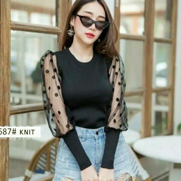 Eveline Baju blouse rajut wanita import/Baju rajut cewek baju atasan rajut lengan panjang rajut