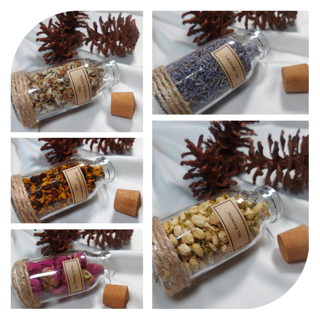

TEH BUNGA HERBAL LAVENDER CHRYSANTHEMUM PEPPERMINT JASMINE LOTUS BUTTERFLY ROSELLE TEA - SATUAN BOTOL 100 ml TANPA BOX HAMPERS