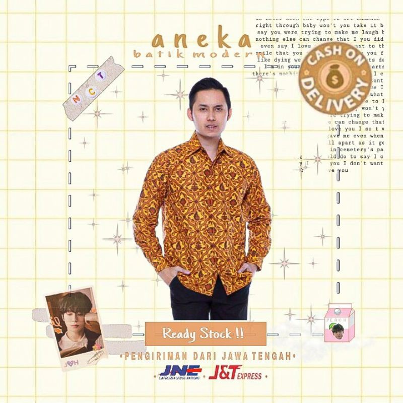 [MGL] ATASAN KEMEJA HEM BATIK PRIA COWOK LENGAN PANJANG WARNA KUNING COKLAT M L XL KERJA KANTOR