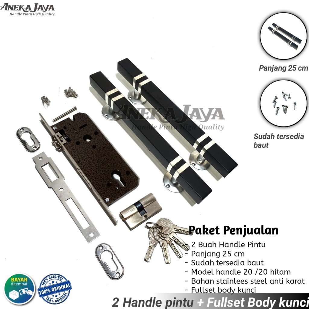 1 satu set handle pintu rumah daun pintu satu 1 panjang 25 cm warna hitam  Gagang pintu rumah