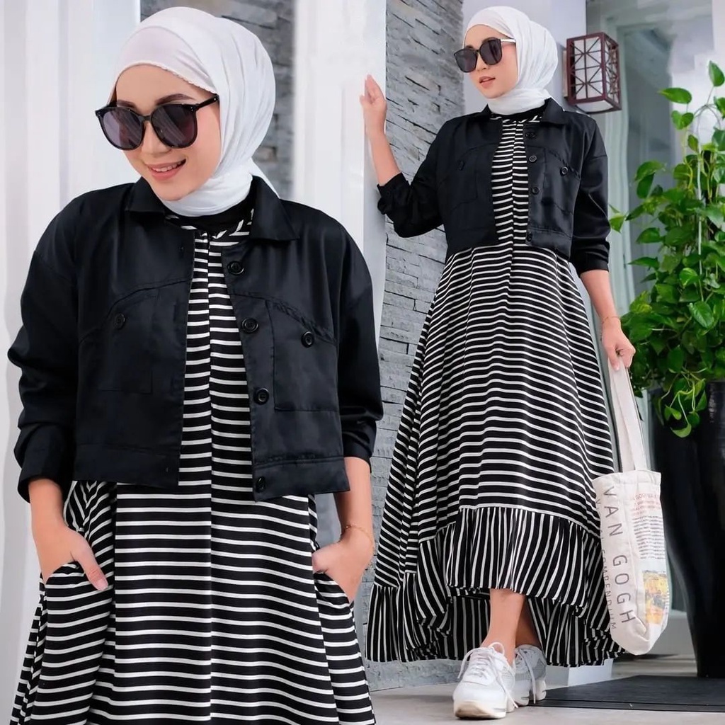 Best Seller - Fina Set Dress 2in1 Bahan Salur Spandek Rayon / Gamis Terbaru 2022 Kekinian / Baju Dew