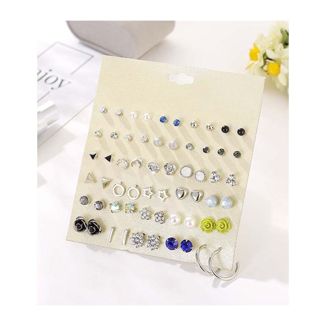 LRC Anting set Fashion Silver Diamond Flower Pearl Love Flower Geometric Earrings Set D76885
