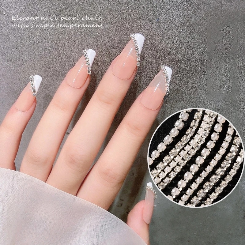 Perhiasan Rantai Berlian Imitasi Kristal Mutiara 3D Ukuran 25cm Untuk Dekorasi Nail Art