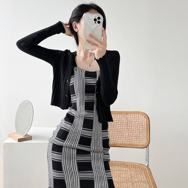 【Elegant】Korean  Checkerboard Plaid Knit Sleeveless Mini Dress 7488