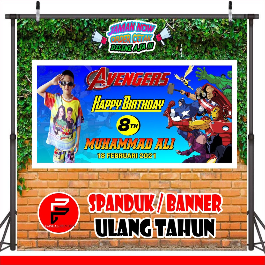 Spanduk / Banner / Backdrop Ulang Tahun Custom Tema AVENGER uk. 2 x 1 m