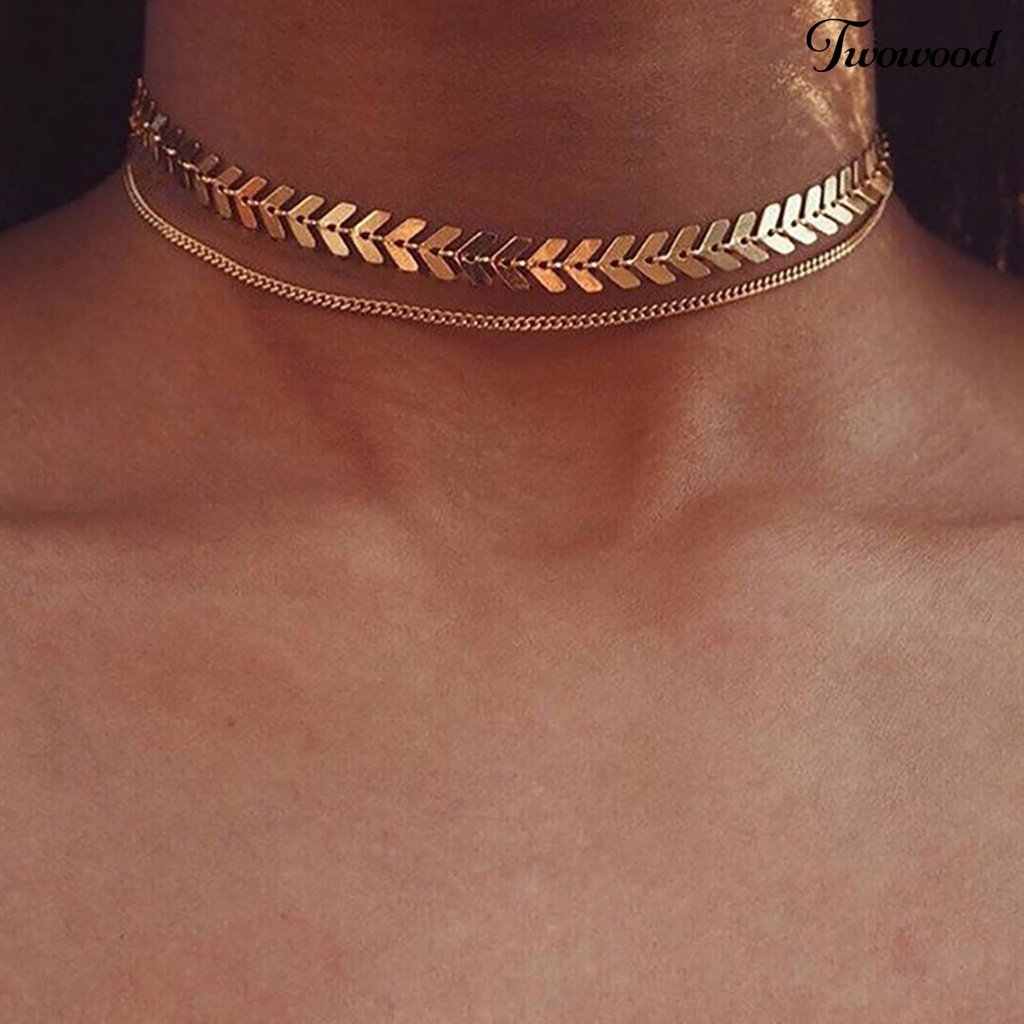 Kalung Rantai Choker Model Tulang Ikan Lapisan Ganda Untuk Wanita