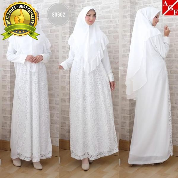 Grosir Baju Syari Gamis Putih Brokat / Gamis Umroh Haji / Gamis Muslim #9001 Elegan