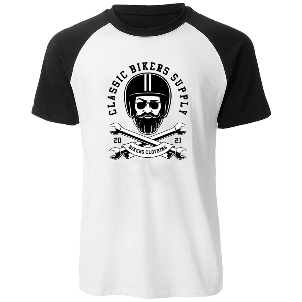 Kaos Raglan Pendek Hitam Putih Gambar &quot;Classic Riders&quot;