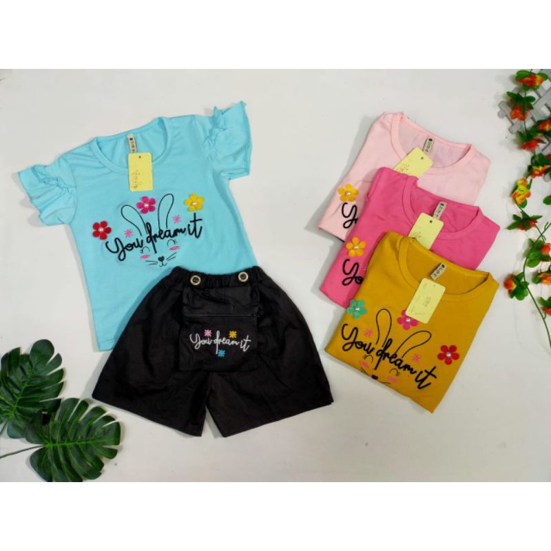 [1-5 TAHUN] SETELAN ANAK PEREMPUAN CELANA JEANS PANJANG MUTIARA IMPORT+KAOS LUCU BAHAN KATUN COTTON BUNGA RENDA 1 2 3 4 5 TAHUN