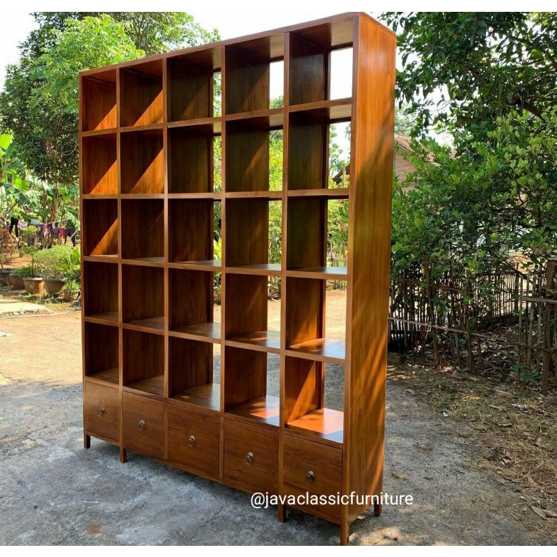 RAK BUKU MINIMALIS PENYEKAT RUANGAN TV MINIMALIST ALMARI PAJANGAN RUANG TAMU PARTISI POT BUNGA BAHAN KAYU JATI-3