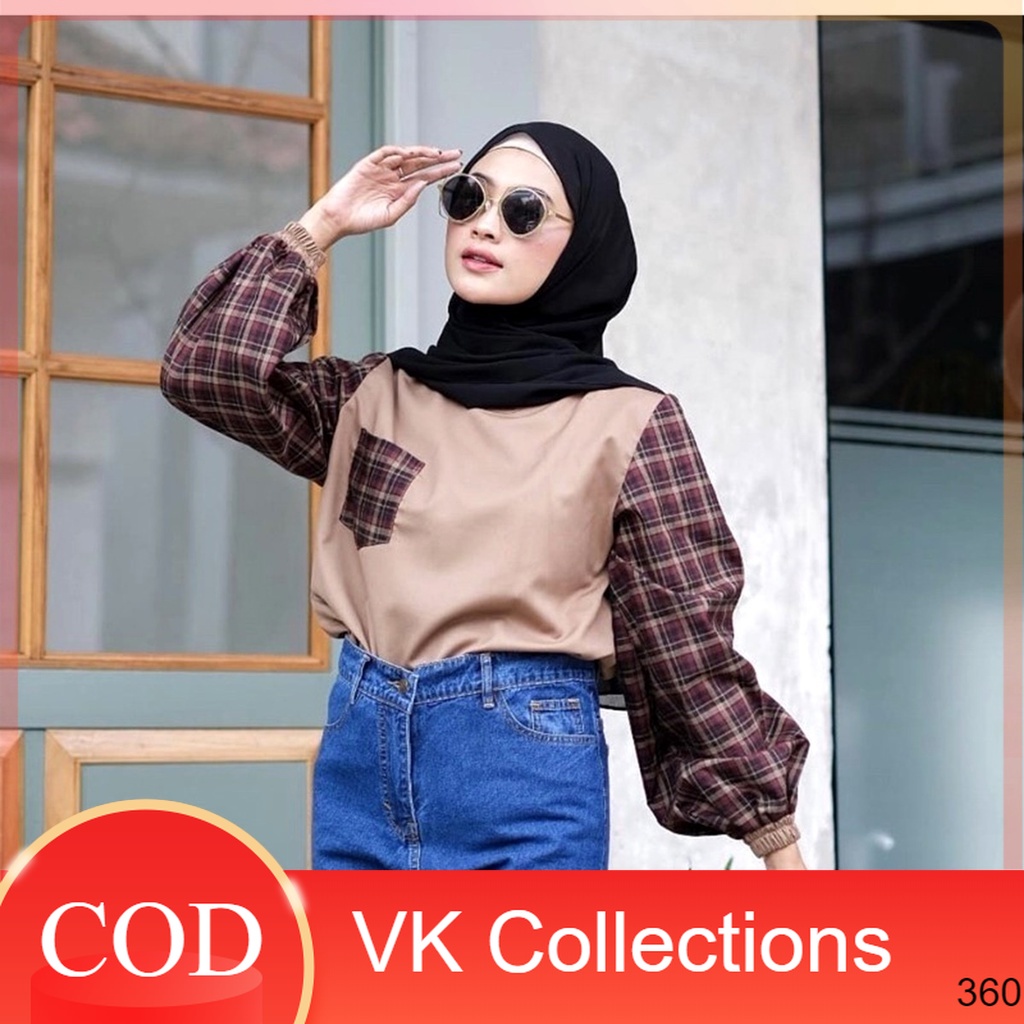 Yola Blouse Kotak Kotak wanita Motif Tartan Linen Atasan Korea Bisa  dres muslim / dress muslim