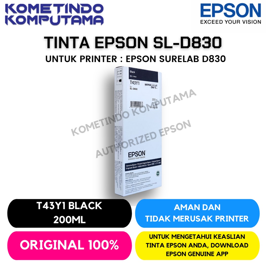 D830 Black TINTA CATRIDGE T43Y1 EPSON SL-D830 200ML Original 100% C13T43Y100 Hitam