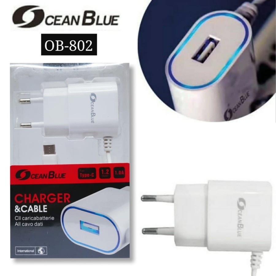 Travel Charger HP Ocean Blue OB-802 Kabel Type C Adapter Fast Charging 1Amper Aksesoris Handphone HP OCEANMART OCEAN MART Murah Grosir