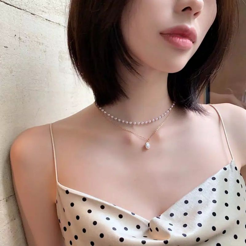 FerenHongXia kalung rantai liontin mutiara ganda model korea fashion