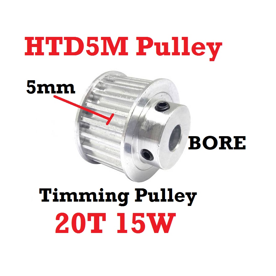 [HAEBOT] HTD5M Pulley Timing 20T W15 Bore 5 8 10 12 12.7 14 mm Puley CNC Pully Lebar 15mm Gear Aluminium Pitch 5mm Aktuator Slider Router Mekanik 20 Teeth Gigi