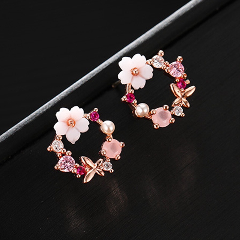 Anting Tusuk Rose Gold Desain Bunga Hias Kristal Zircon Mutiara Untuk Wanita