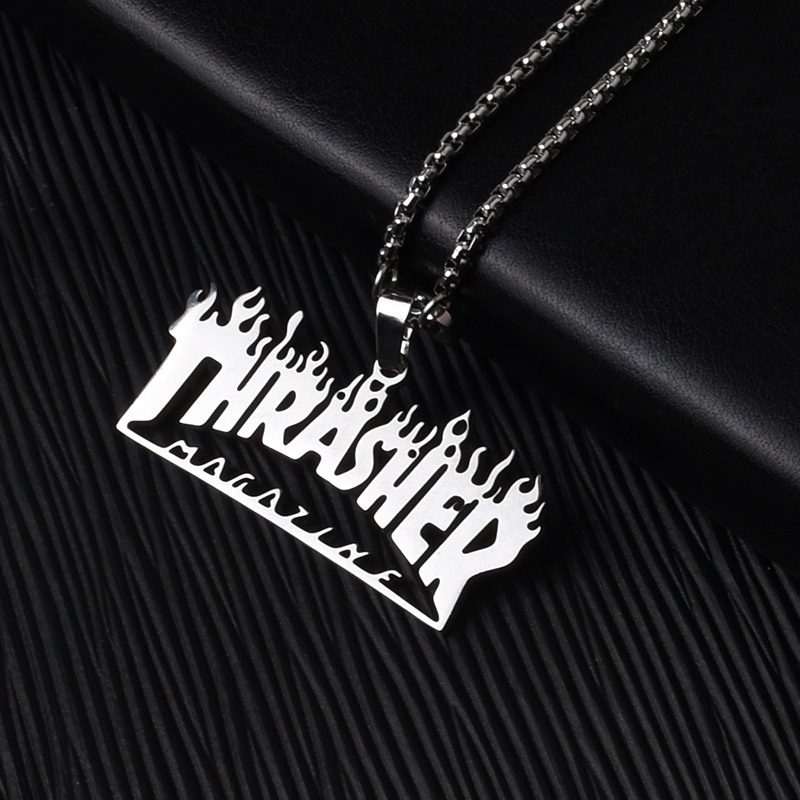 Thrasher Kalung Rantai Titanium Steel Liontin Tulisan Quenching Gaya Hip Hop Punk Untuk Pria