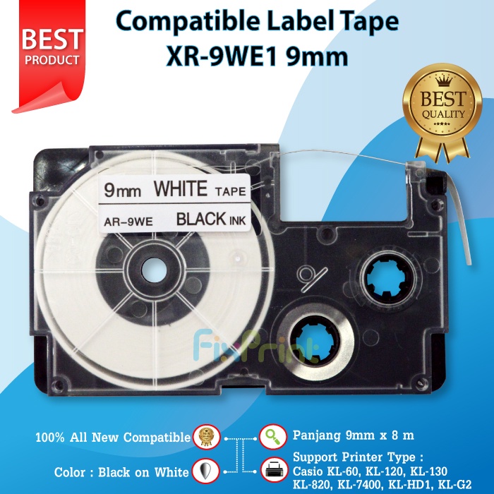 

Tape Label Casio XR-9WE1 9mm Black on White Printer KL60 KL820 KL7400