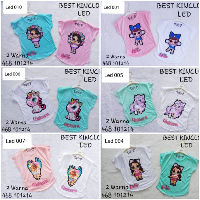 Kaos Anak Perempuan Model Baru Blus Duo Led Nyala Lampu Motif LOL Unicorn Hello Katty Pony
