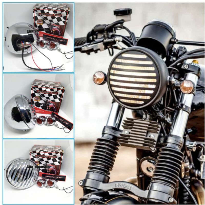 Paket Reflektor Lampu Depan Grill Classic 7Inch Headlamp tralis Chrome ride it Original Universal