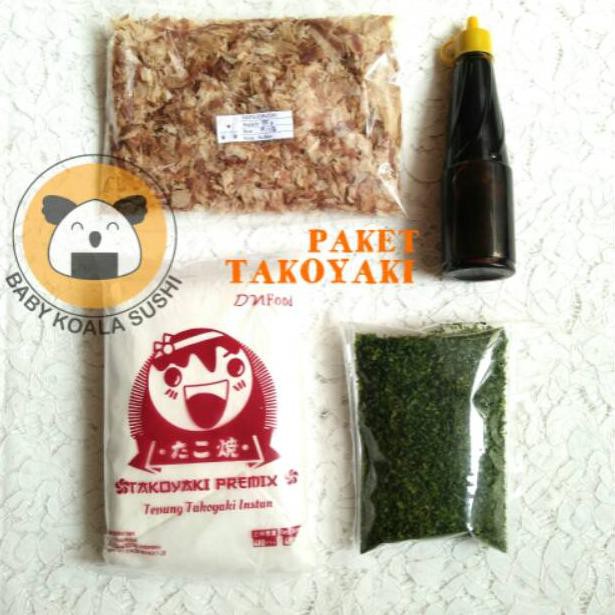 

J.1.I.0.0.3PAKET BAHAN TAKOYAKI LENGKAP 50 Butir Halal │ Tepung, Katsuobushi, Saus Takoyaki, Aonori