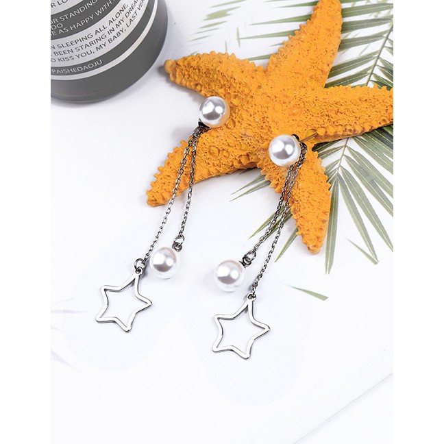 LRC Anting Tusuk Fashion Silver Star Pearl Stud Earrings F57916
