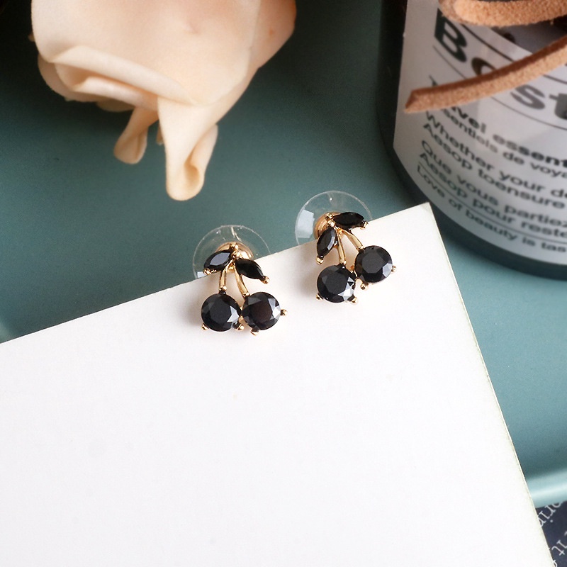 Anting 925 Silver Needle Bentuk Cherry Warna Hitam Untuk Wanita