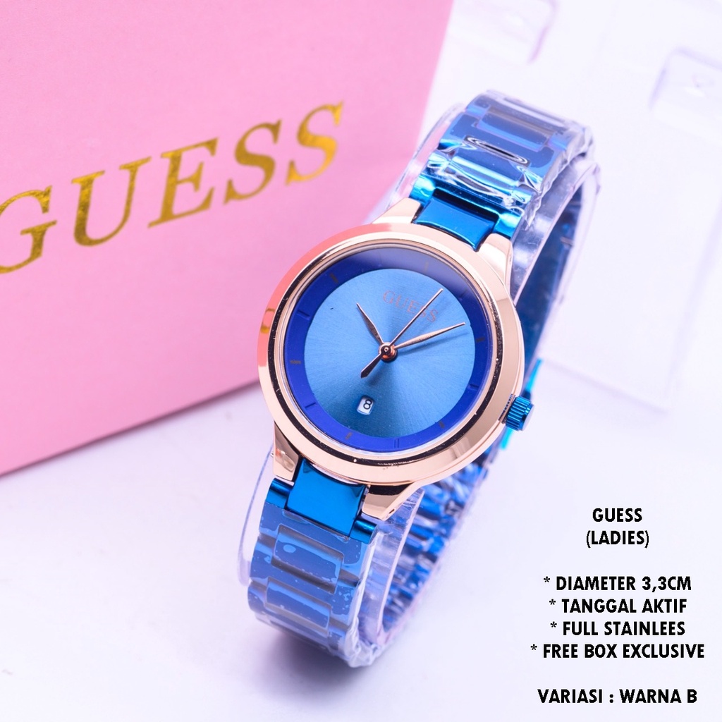 (FREE BOX) JAM TANGAN WANITA GUESS RANTAI BODY BULAT TANGGAL AKTIF